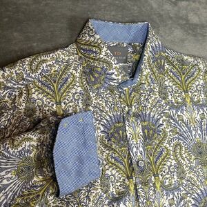 Thomas Dean Shirt Mens Large Blue Yellow Paisley Print Long Sleeves Double Cuff